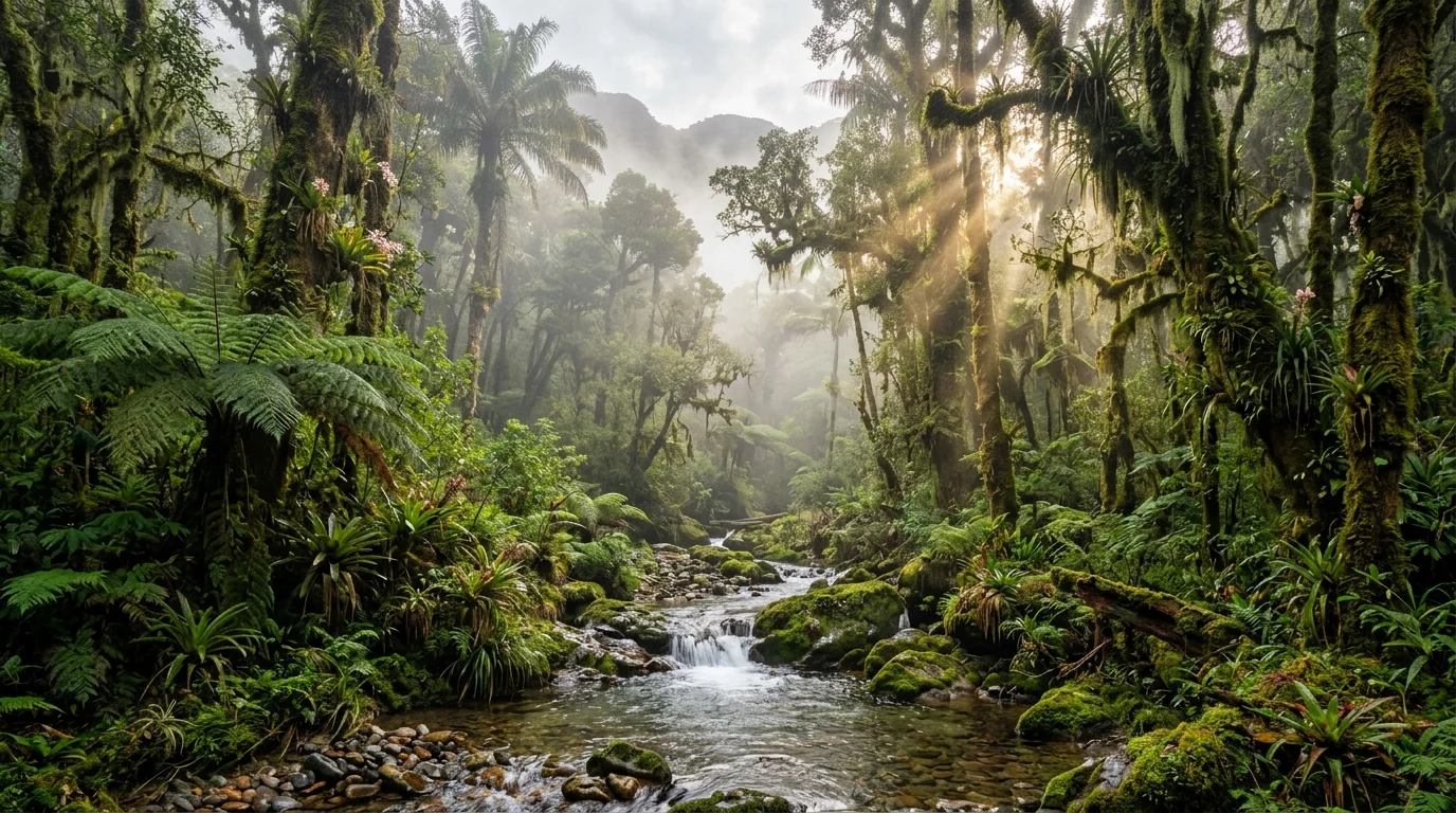 Bosque de niebla andino y reserva biológica natural de la finca al amanecer
