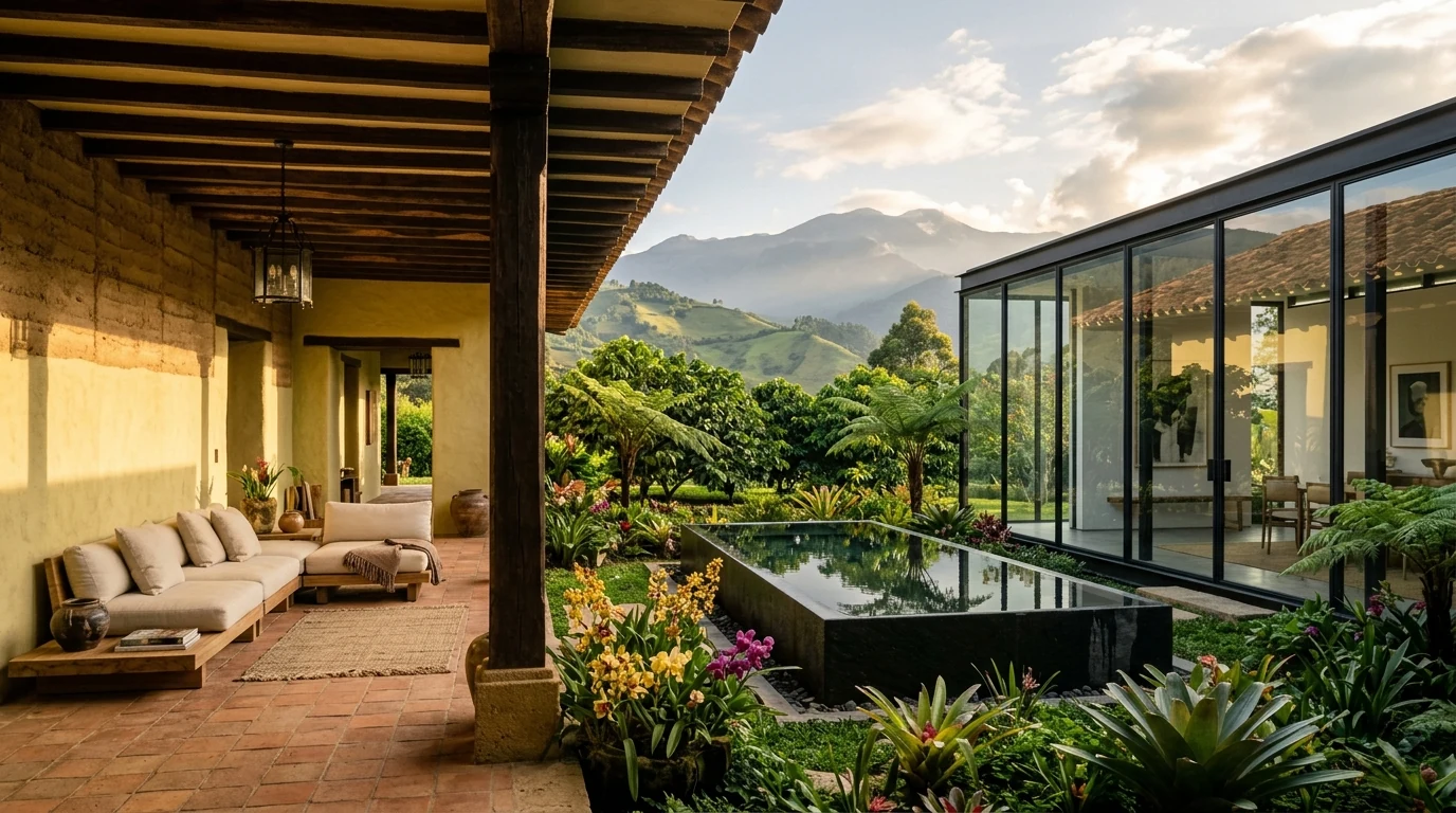 Villa Hacienda Antigua con tapia pisada patrimonial restaurada y pabellón contemporáneo
