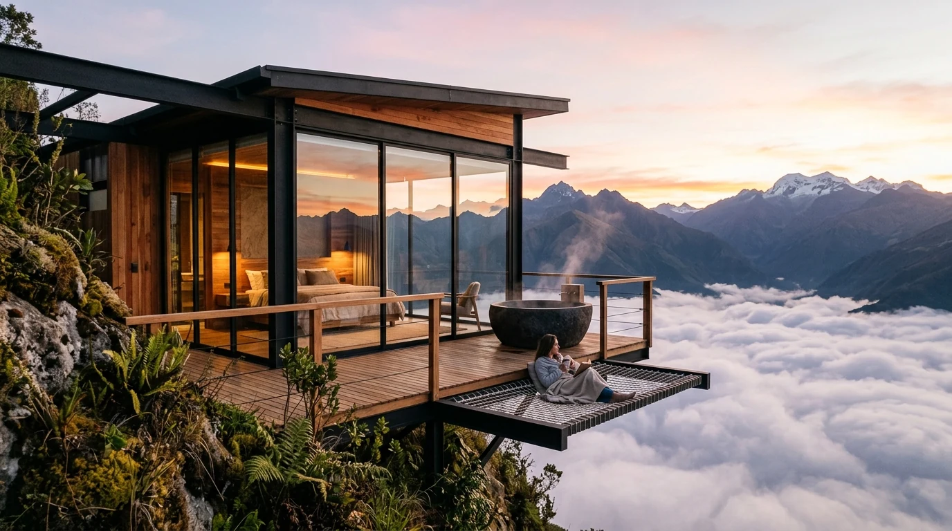 Suite El Mirador de Niebla con ventanales panorámicos y deck sobre las nubes