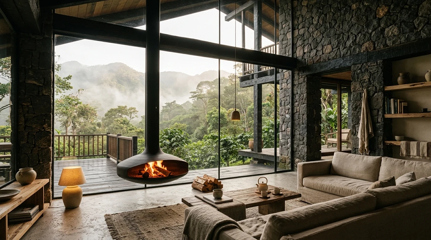 Interior de cabaña La Robleda con madera noble y chimenea nórdica