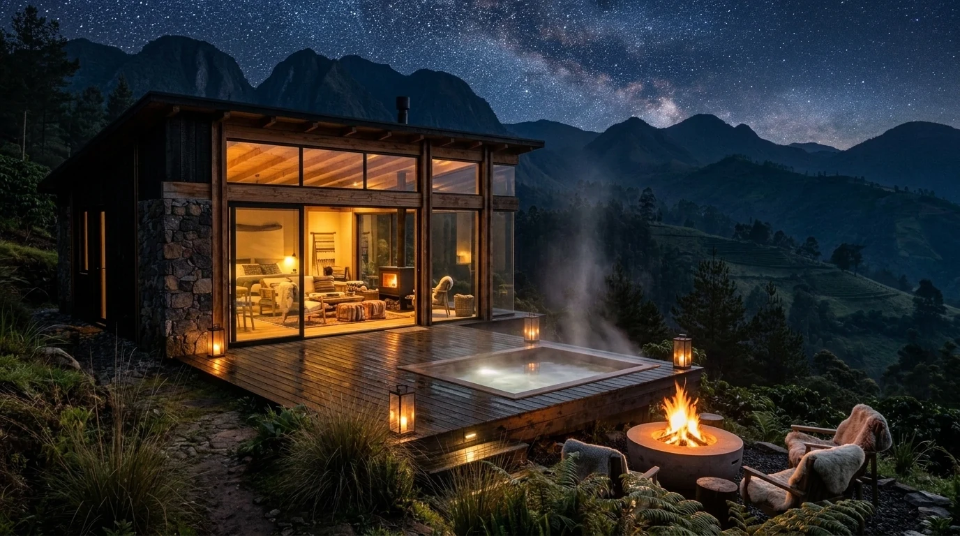 Cabaña de noche iluminada con faroles, fogata y cielo estrellado